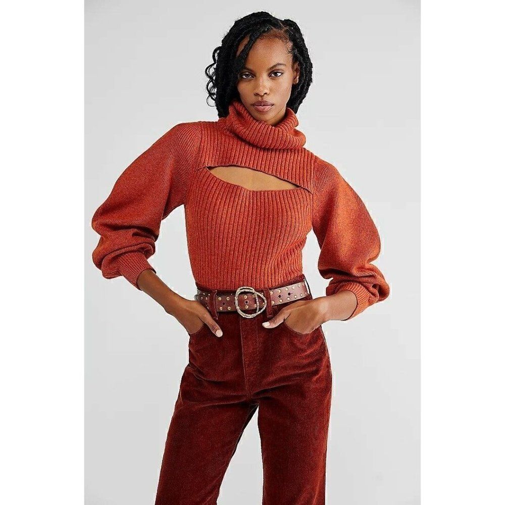 NEW FREE PEOPLE SzS ARIEL TURTLENECK PULLOVER RIBBED CUTOUT  SWEATER SALSA BRAVO